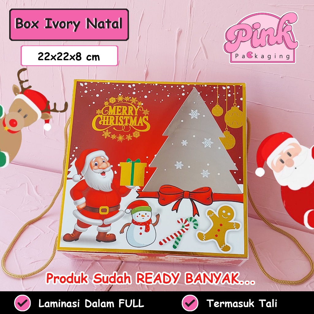 

Box Natal 22x22x8 cm Dus Hampers LAMINASI TALI Kotak Packaging Kue Kering Natal Mewah Ivory