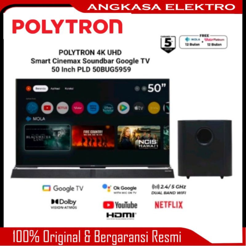 TV POLYTRON 4K UHD Smart Cinemax Soundbar Google TV 50 Inch PLD 50BUG5959 Garansi Resmi 5 Tahun