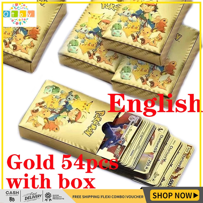 55pcs/set Mainan Kartu Pokemon Gold Vmax GX Energy Charizard Pikachu Langka Bahan Metal Untuk Anak K