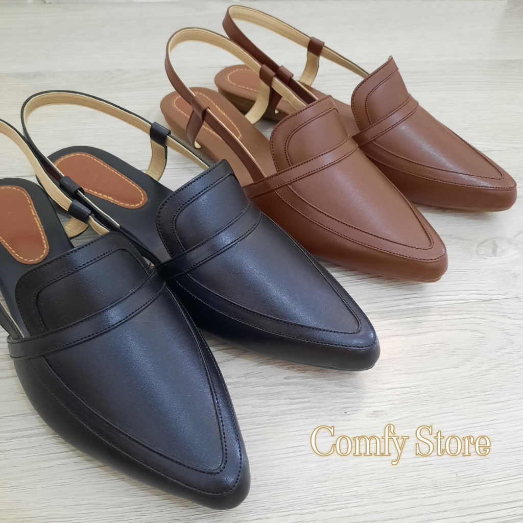 Mules Wanita Kulit Sapi Asli - Flat Shoes Slop Black Mules Wanita