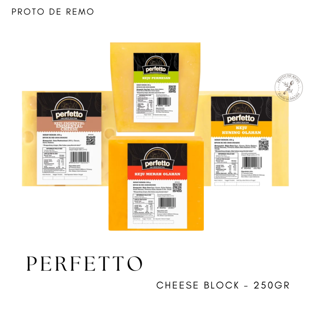 

Perfetto Cheese Keju Red Cheddar | Yellow Cheddar | Emmental | Parmesan Block - 250GR