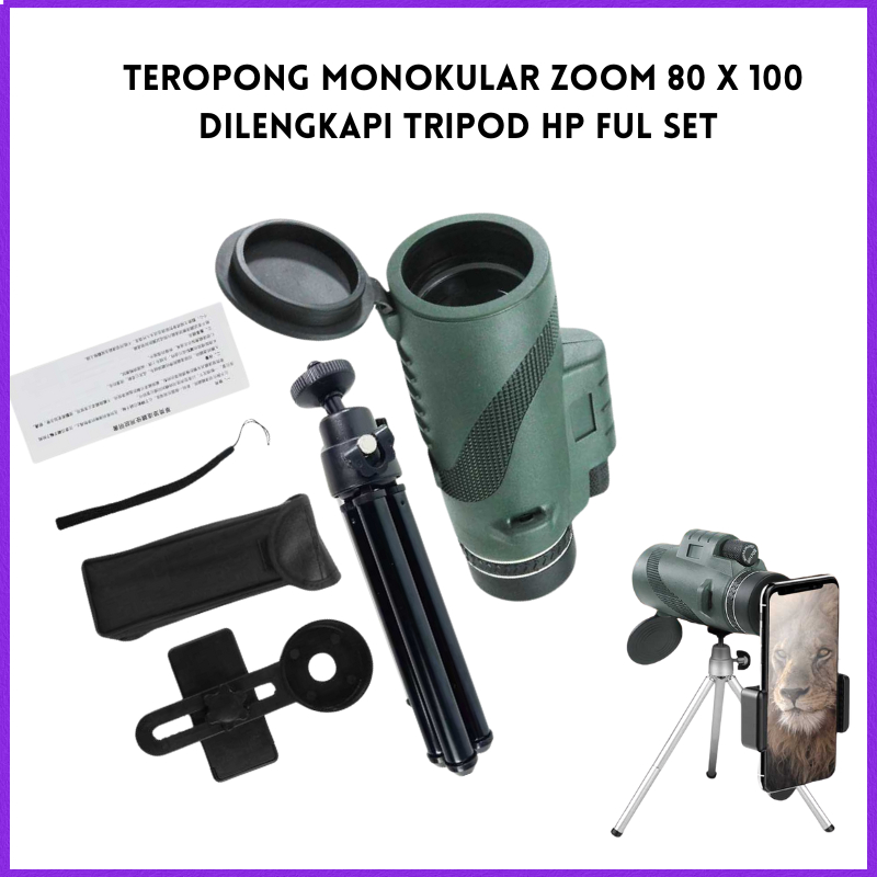 COD full set Teropong Mono Zoom 80 x100 dilengkapi Tripod / lensa hp zoom 100 / teropong kamera hp
