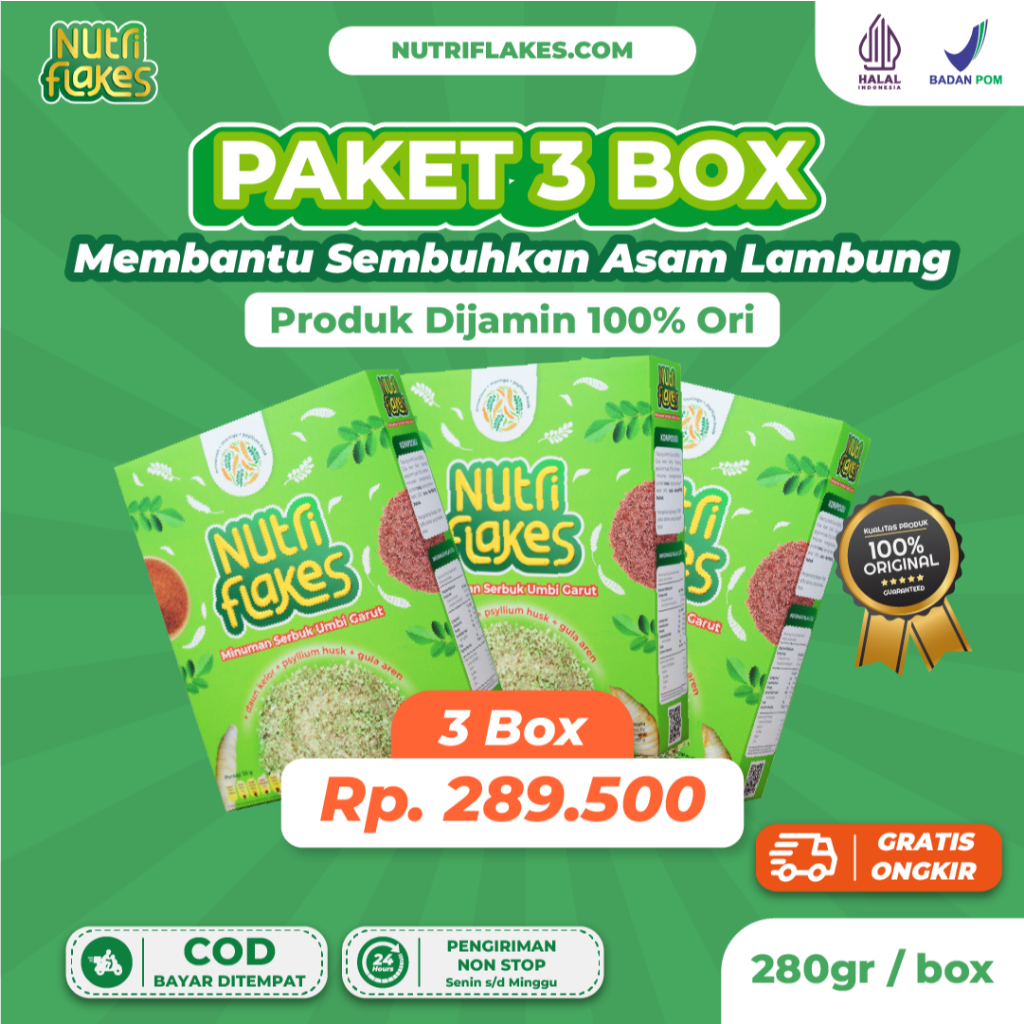 

Nutriflakes Sereal Umbi Garut Asam Lambung - Ampuh Mengatasi Asam Lambung Gerd, Maag 3 Box