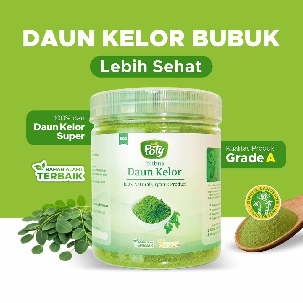 

Daun Kelor Moringa Bubuk Premium Pure Organic Cegah Kolesterol Alami Organik Dari Bumi Poty