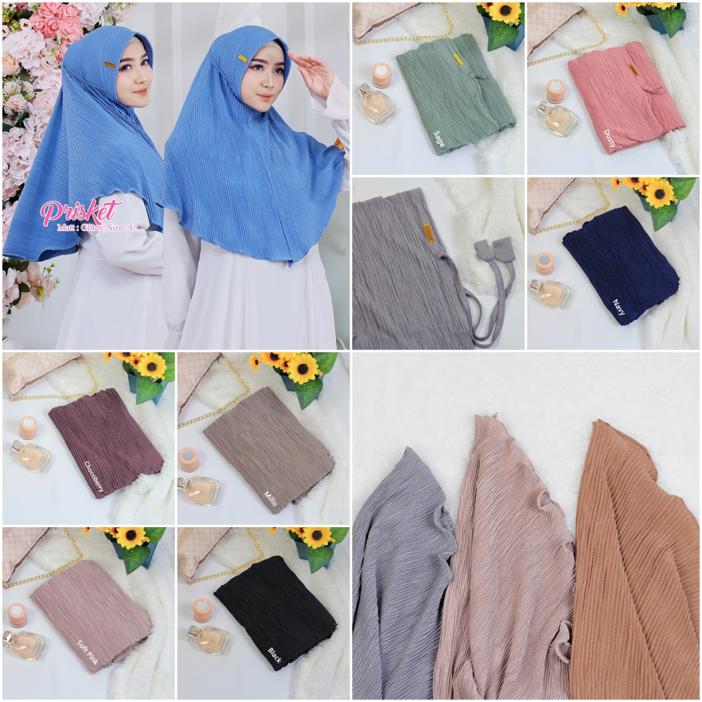 Jilbab instan Bergo Plisket pad ukuran L, XL Kerudung pet Bahan Jersey Glitter Prisket lembut premiu