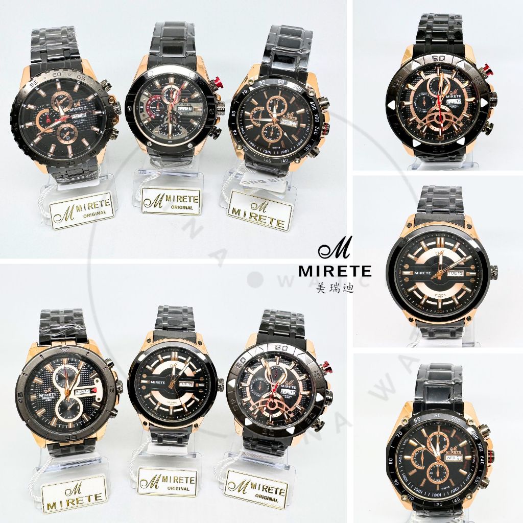 Jam Tangan MIRETE MRT-RT10 Rantai Stainless Steel Pria Desain Hitam Gold Elegant Original