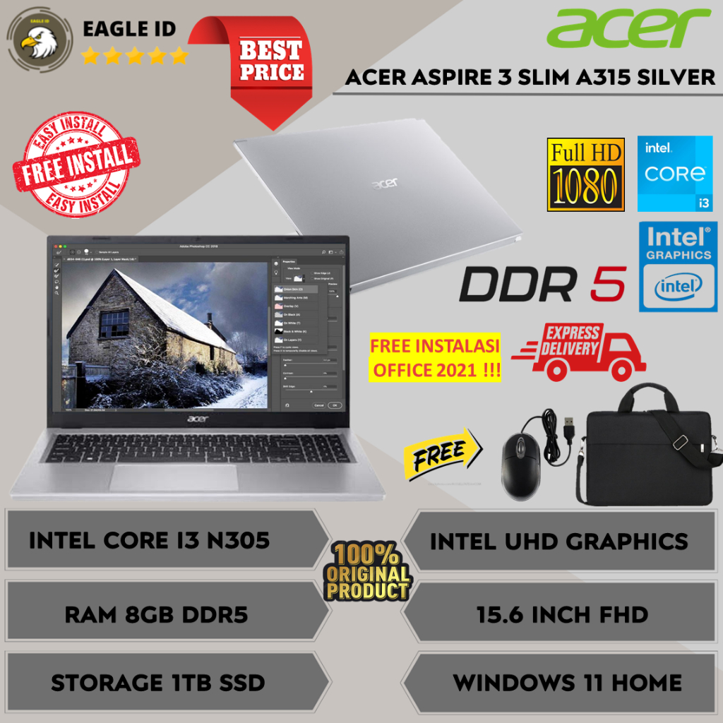 LAPTOP BARU ACER ASPIRE 3 SLIM A315 INTEL I3 N305 RAM 8GB DDR5 SSD 512GB FHD WINDOWS 11 ORIGINAL