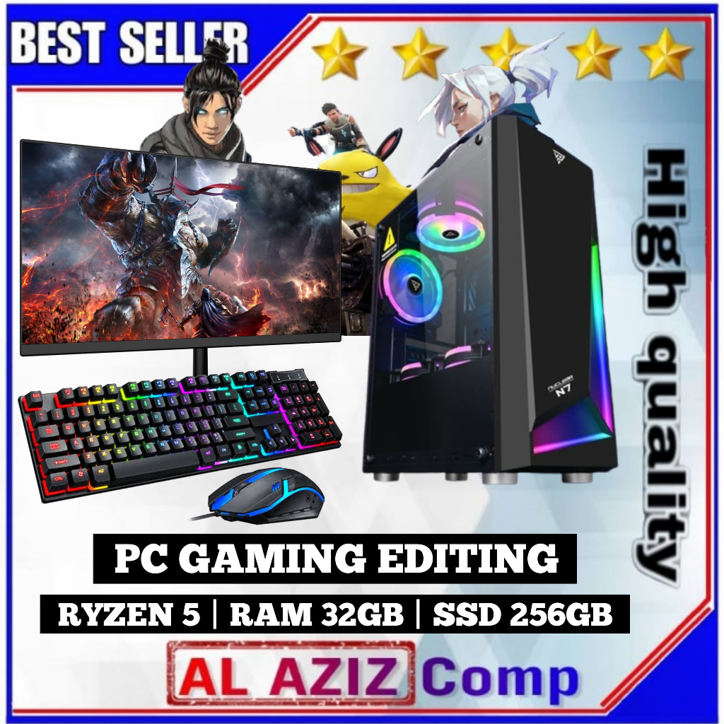 PC Gaming Fullset 24 Inch  AMD Ryzen 5 5600g VGA Radeon Series RAM 32GB SSD 256gb Wi Fi