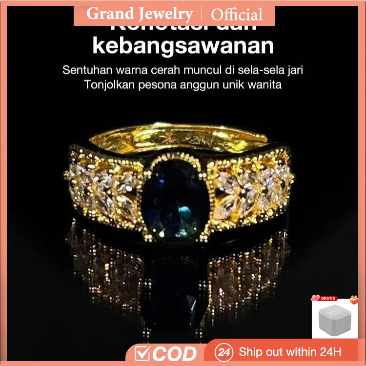 Cincin Permata Biru Lapis Emas Batu Moissanite Wanita Cincin Couple Titanium Anti karat - Grand Pret