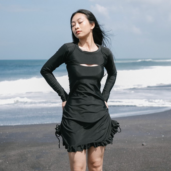 Nara Swimdress swimsuit rok swimwear baju renang bikini hitam lengan panjang dress bolero mini backl