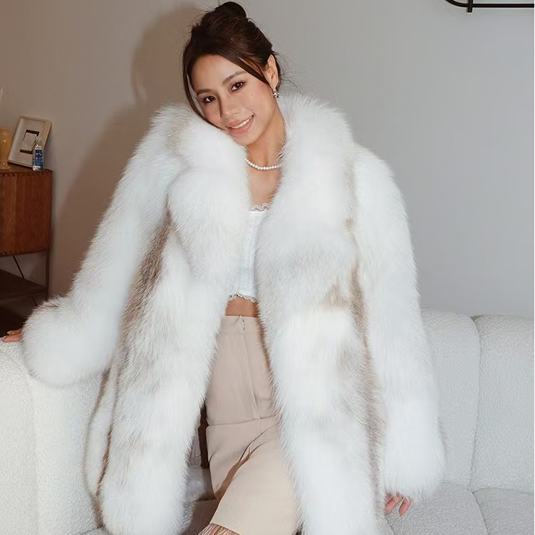 Mantel bulu rubah kulit penuh Pulau Emas Arktik mantel panjang wanita