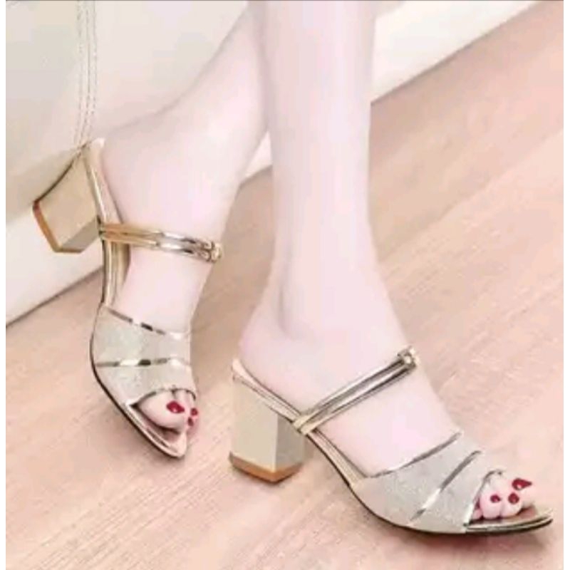 SANDAL FLAT WANITA QL 14 HAK TINGGI HAK 5cm HAK BUNGKUS Warna Hitam Silver Emas Size 36-40