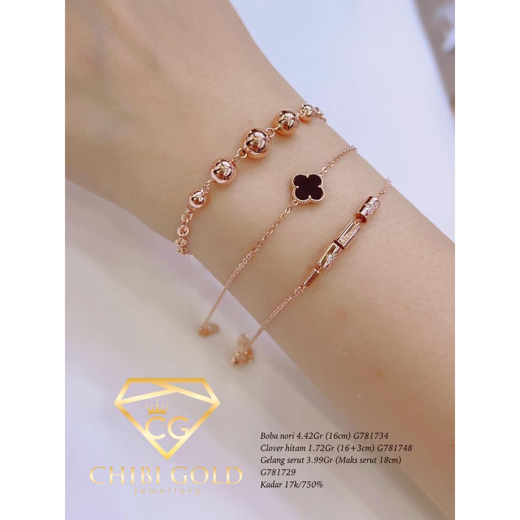 CHIBI GOLD Gelang Rose Nori Clover Black dan Bandul Tabung Mata 750 Kadar 17K