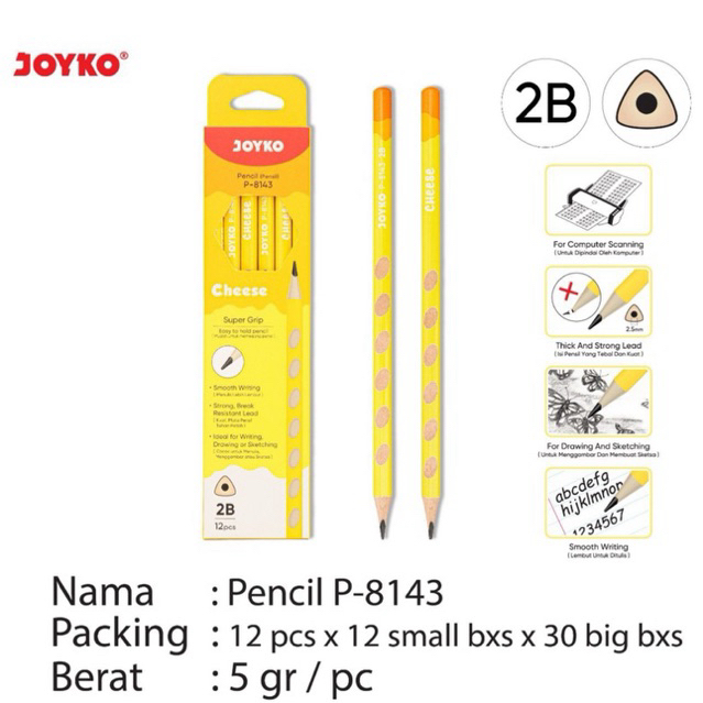 

( 12 batang ) P8143 Pencil warna Kuning / Pinsil bentuk Segitiga / Pensil 2B Motif dengan Penghapus P-8143 Joyko