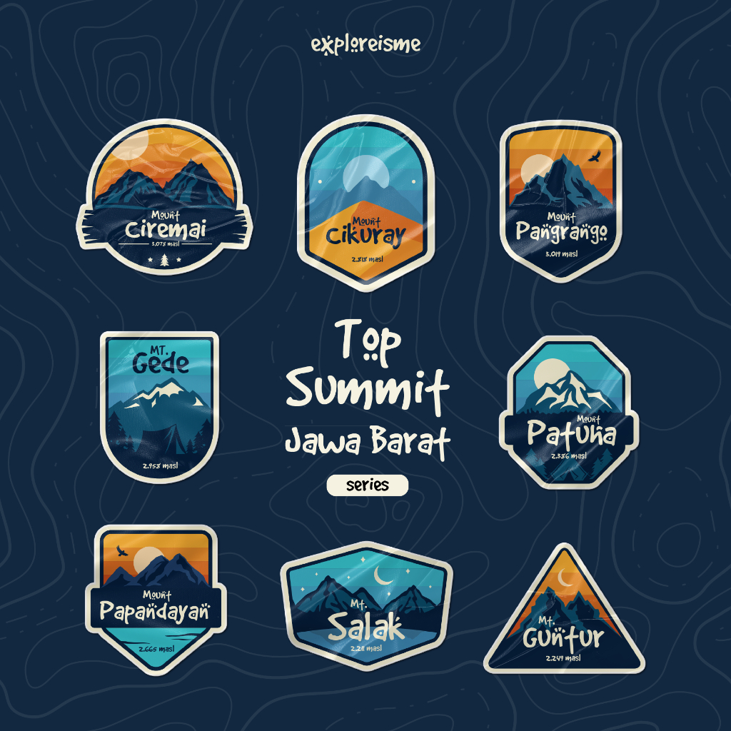 exploreisme | stiker gunung indonesia, sticker jawa barat, salak, ciremai, papandayan, guntur
