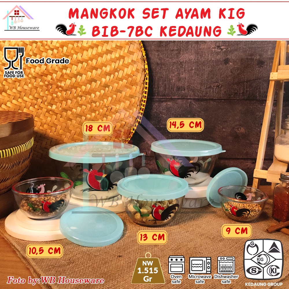 Kedaung KIG Mangkok kaca transparan set motif ayam jago + tutup / salad bowl set glass with lid