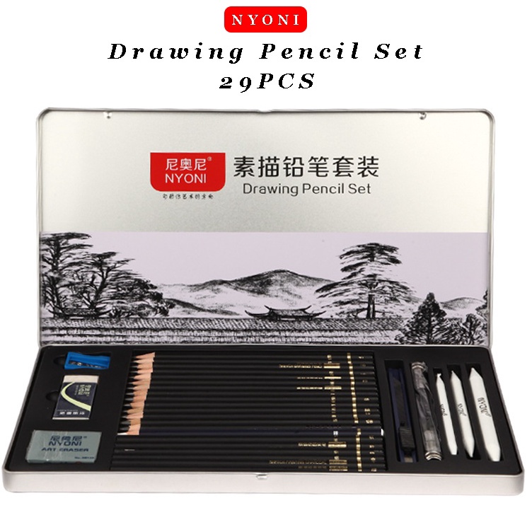 

Paket Meriah Nyoni Drawing Pencil Gambar Set 29PCS Drawing Sketch Pencil Set Tin Box Pensil Gambar