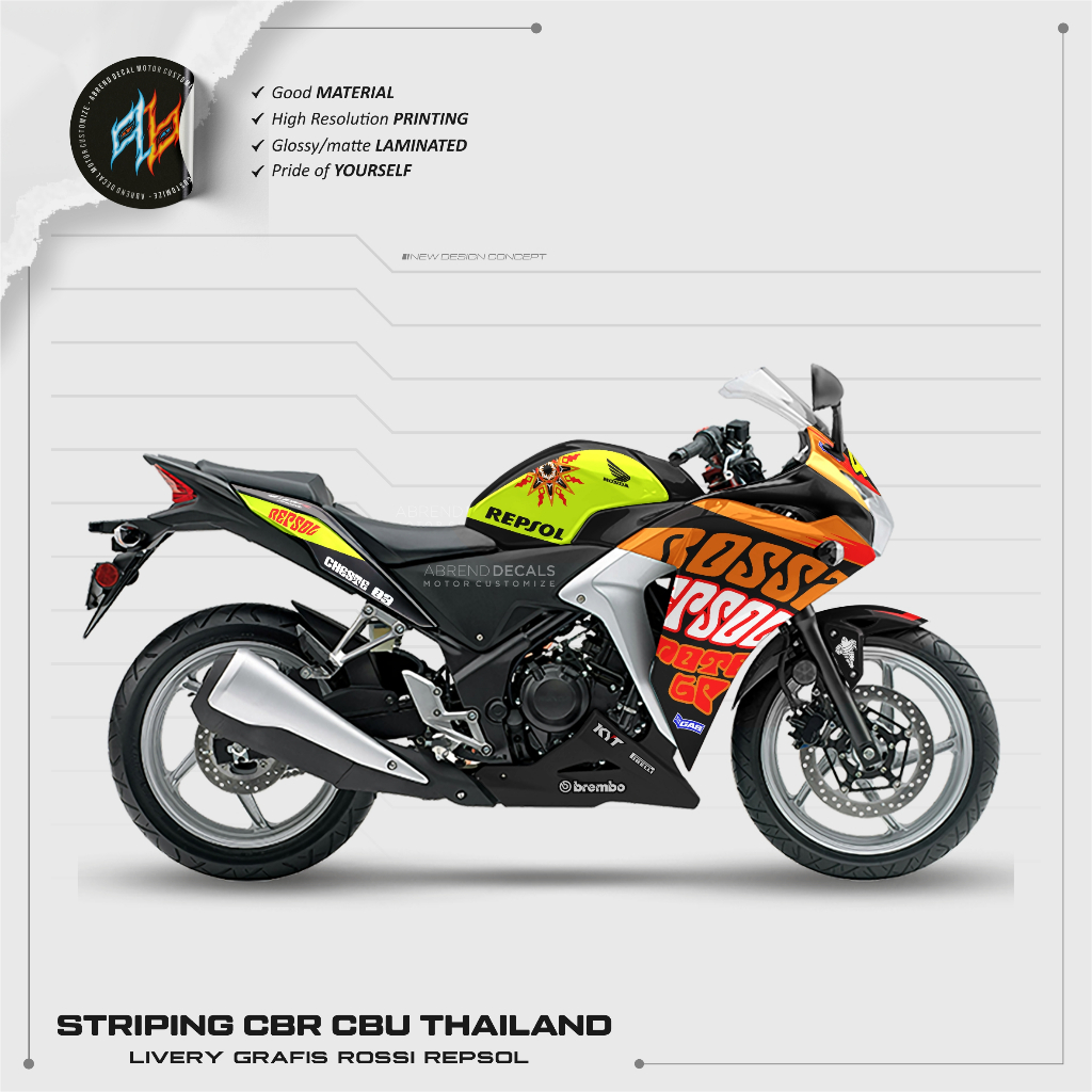 STRIPING CBR CBU LIVERY ROSSI REPSOL / STIKER MOTOR HONDA CBR 150R THAILAND / STOCK DECAL