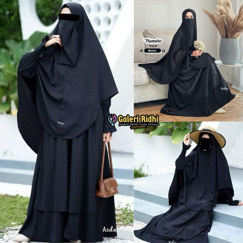 HITAM Set Setelan Gamis Humaira EMBOS Sasak Plus Khimar Non Pet Cadar tali Syari Ori Azda Brand