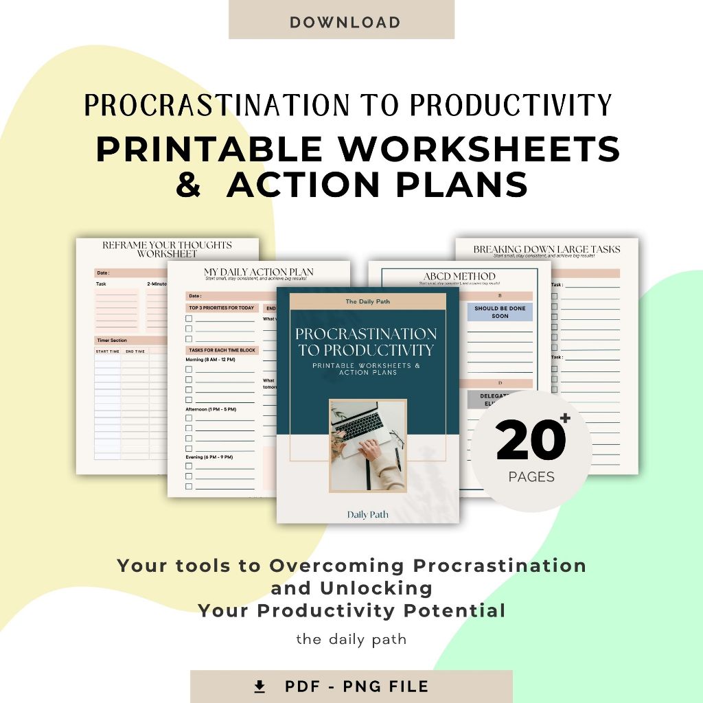 

Procrastination to Productivity Worksheets dan Action Plans Planner Template | Planner Printable | Weekly Planner PDF Instant Download