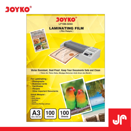 

JOYKO LAMINATING FIM PLASTIK LF100-3244 A3 100 SHEETS / LAMINATING FILM PELAPIS JOYKO