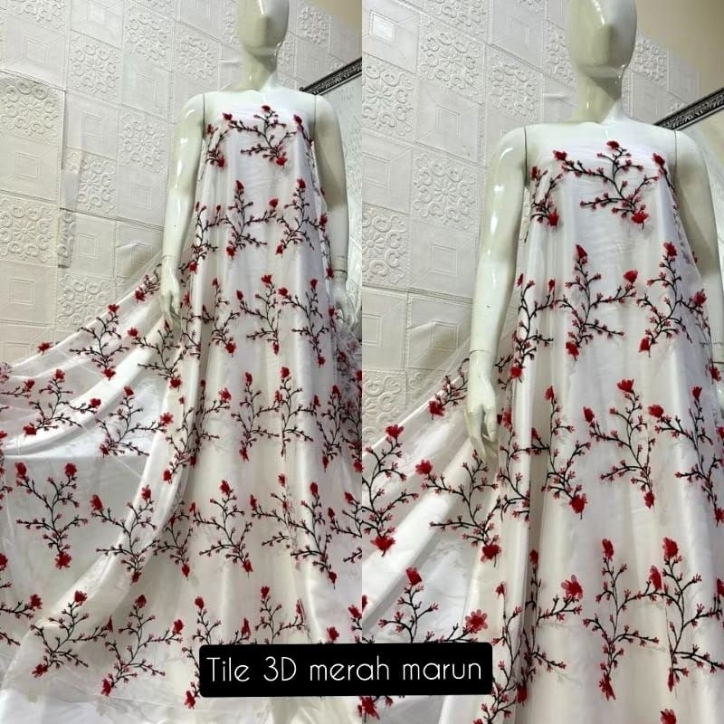 Kain/Bahan Tulle bordir 3D bunga sakura