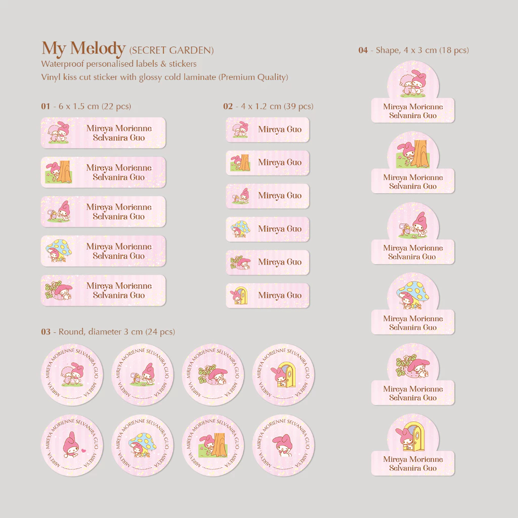 

MY MELODY (Secret Garden) / STICKER NAMA SINGLE PACK (4 Bentuk , 4 Ukuran) / Sticker Vinyl Waterproof (Tahan Air & Anti Sobek) / Label Sekolah / Label Nama Anak