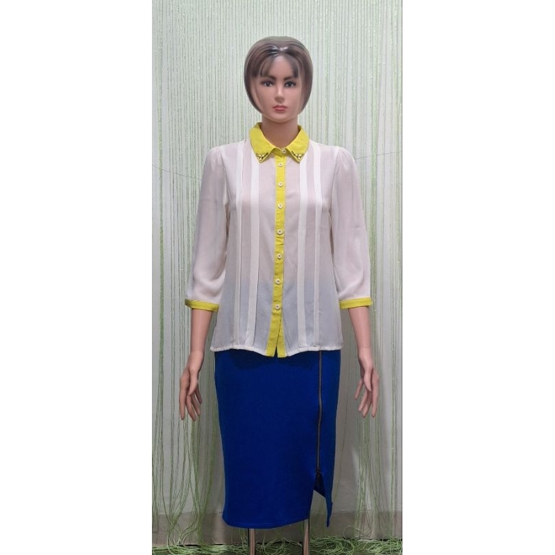 Kemeja wanita Sifon Putih lengan panjang kerah kuning lime