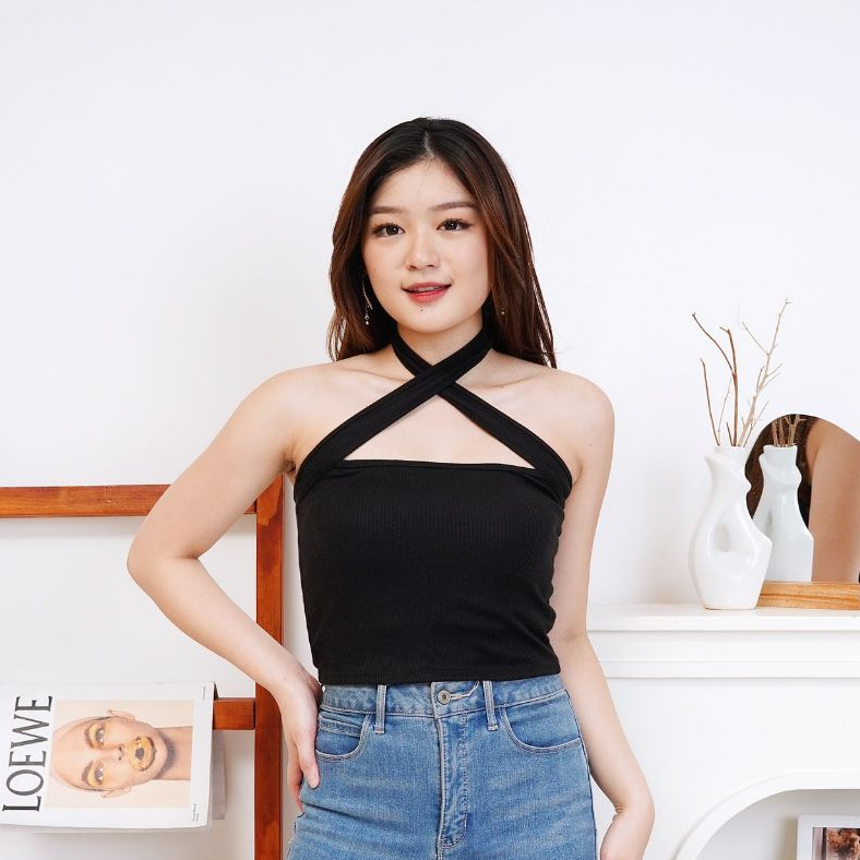 AYANA | Tanktop Halter Leher Silang Knit Crop Atasan Wanita