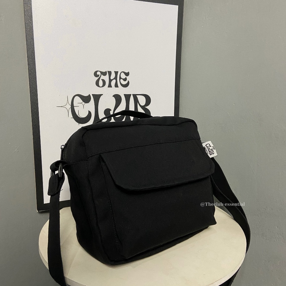 KODE J98U Theclub Korean Crossbody Bag Medium Kanvas  Tas Selempang Hitam Canvas Pria Wanita