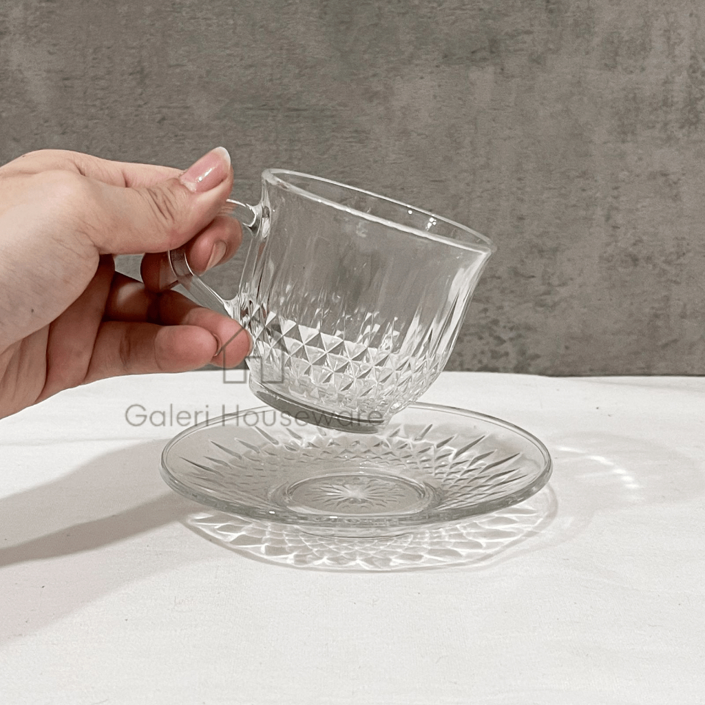 6PCS CANGKIR KIM SET + TATAKAN / GELAS KACA BENING KOPI TEH / TEA SET COFFEE SET / CANGKIR GELAS TAM