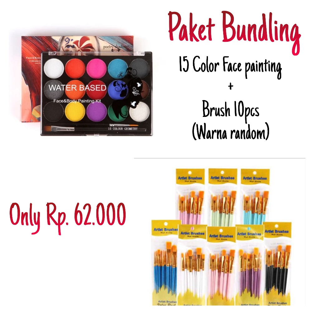 

KODE Q4K4 SPECIAL BUNDLING Body Face Painting 15 Warna Waterproof Paints Water Base 1 Set Kuas Lukis Cat Air Acrylic Painting Brush