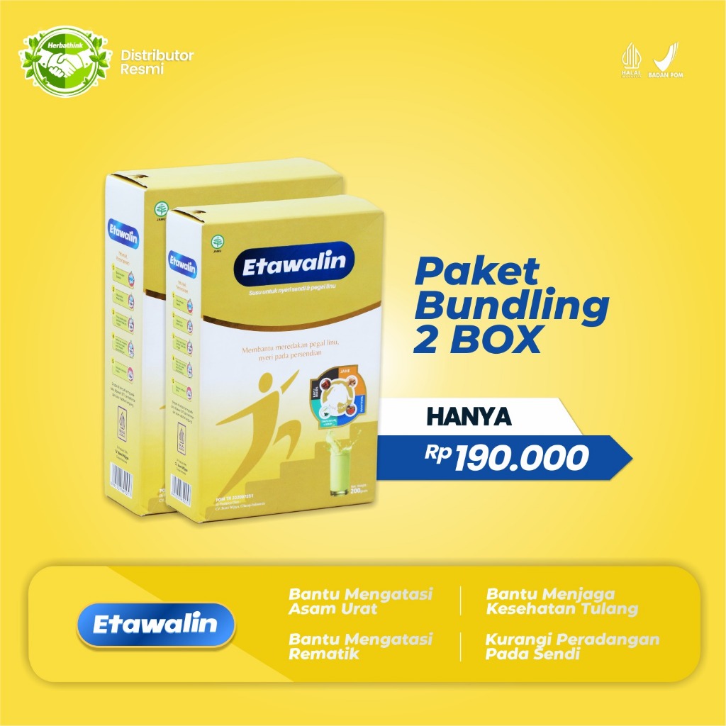 

Paket 2 Box Etawalin - Sembuhkan Asam Urat dan Nyeri Sendi Tanpa Ribet Susu Memperkuat Kepadatan Tulang Susu meningkatkan daya tahan tubuh Susu Asam Urat Susu Sendi Susu Nyeri Sendi Susu Pegal Lini Susu Asam Urat Susu Tulang Susu Otot Susu Reumatik