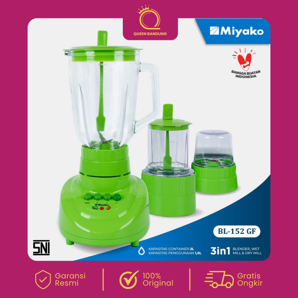 Miyako Blender Kaca 1.5 Liter BL-152 GF Blender 3in1 Pelumat Buah Sayur & Bumbu