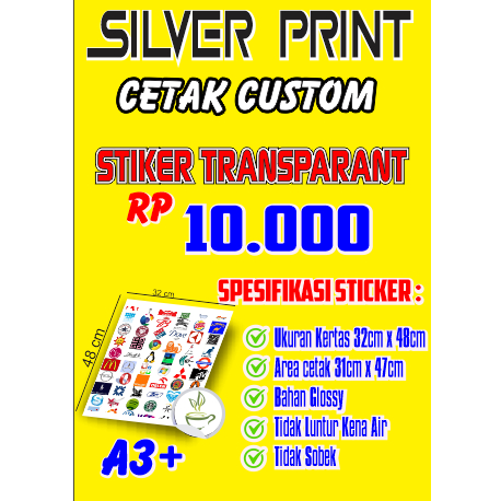 

cetak custom STICKER TRANSPARANT murah ukuran a3+ langsung jadi bisa cod sragen