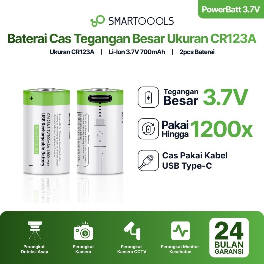 Baterai CR123A Cas Isi Ulang Smartoools Powerbatt CR123 3.7V Rechargeable Battery