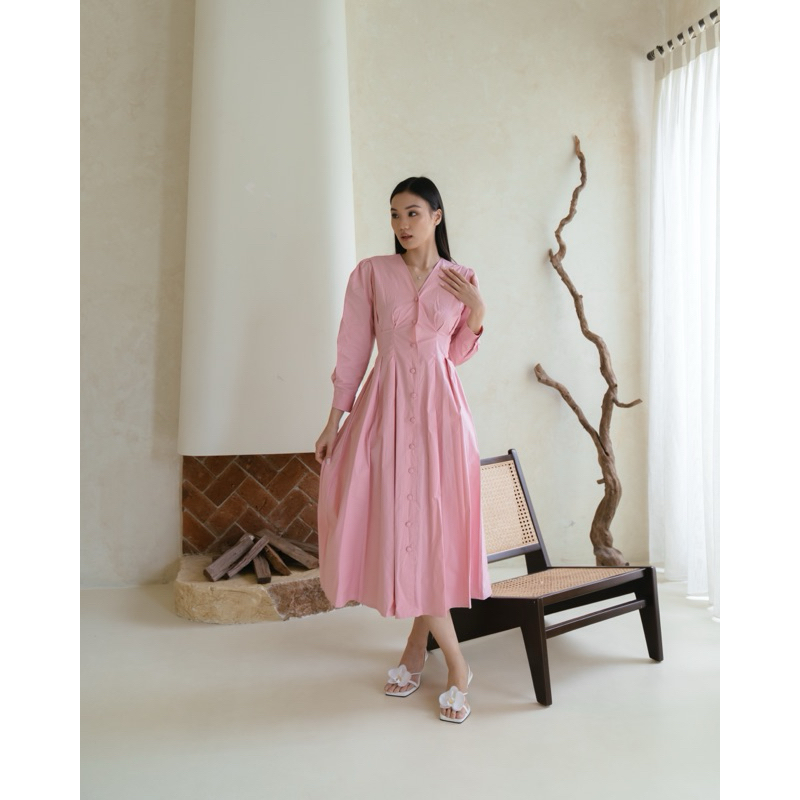 SALE - CLAUDY DRESS - MIDI DRESS CASUAL V-NECK LONG SLEEVE BUTTON PREMIUM KATUN POPLIN STRECH BUSUI 