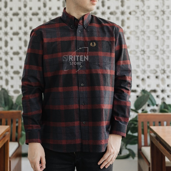 Fred Perry Tartan Long Sleeve Oxblood Original / Kemeja Fred Perry Authentic