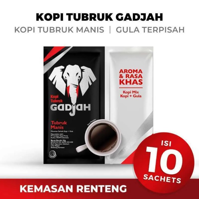 

Kopi Tubruk Gajah Renceng 10 Sachet 25 gr Kopi Instant Gula Terpisah