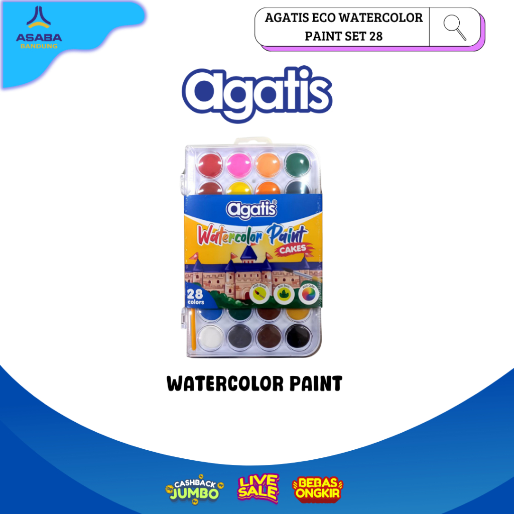 

Asaba Bandung - AGATIS ECO 28 COLORS SOLID WATERCOLORPAINT CAKE SET dengan HANGER PALET / CAT AIR