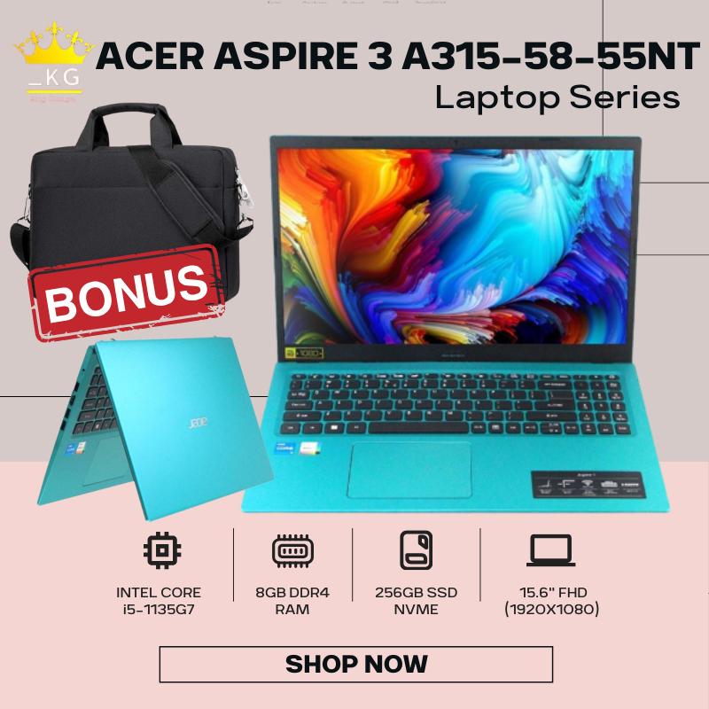 LAPTOP BARU ACER A315-58-55NT INTEL CORE I5-1135G7 RAM 12GB SSD 256GB BONUS WINDOWS 10 15" FHD