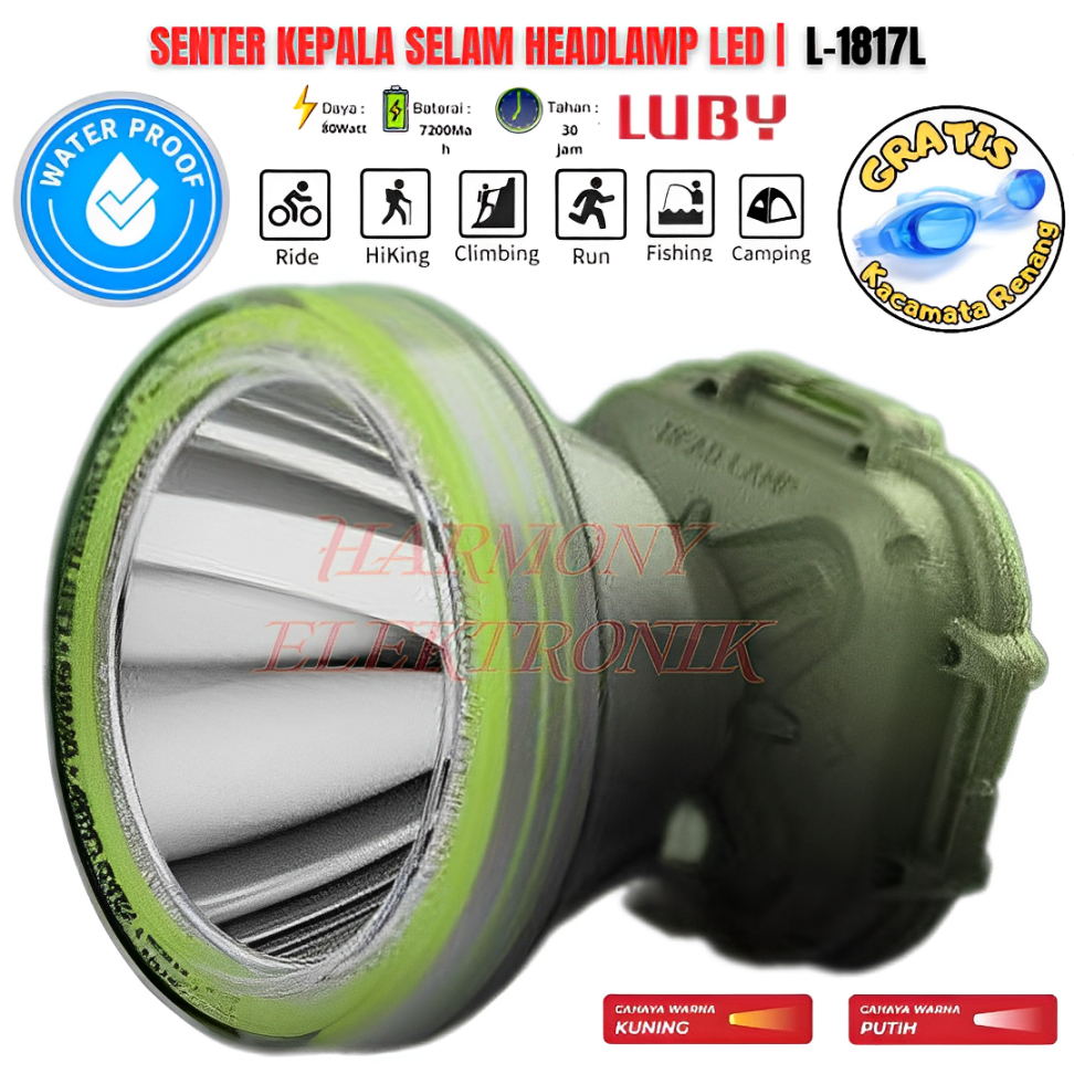 Senter Kepala Selam Luby L1817k L 1817k L1817 80 Watt 80w Cahaya Kuning Dan Putih | Senter Kepala Lu