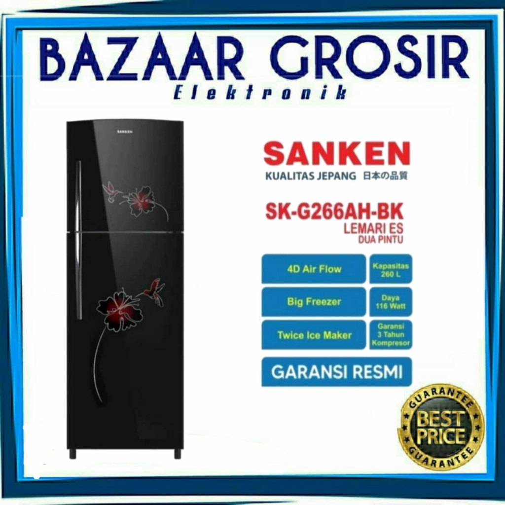KULKAS SANKEN SK-G266AH-BK / SK G266AH / SKG 266AH / SKG 266 AH / SKG266AHBK LEMARI ES 260 Liter