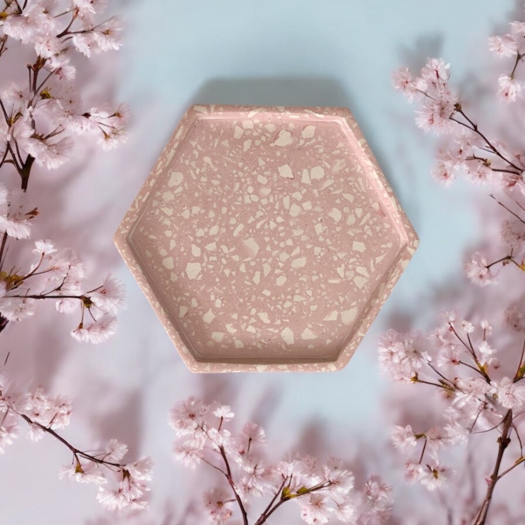 Tatakan Gelas Aesthetic Hexa Tray Terrazzo Pink / Alas Botol Sabun Aesthetic Eco-Resin