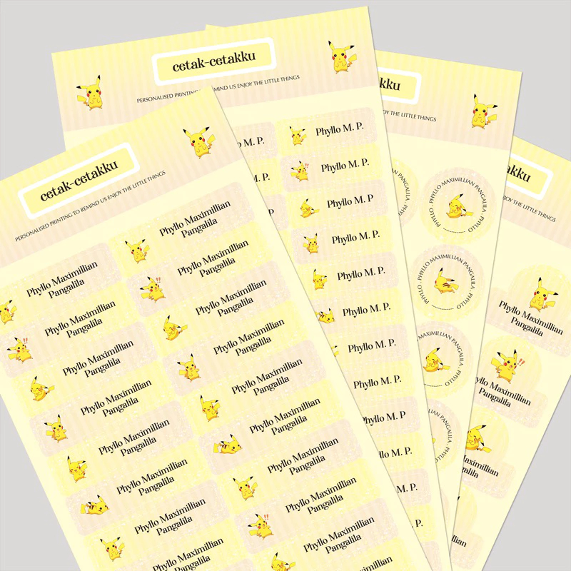 

POKEMON (Pikachu) / STICKER NAMA COMBO PACK - 103 pcs (4 Bentuk , 4 Ukuran) / Sticker Vinyl Waterproof (Tahan Air & Anti Sobek) / Label Sekolah / Label Nama Anak