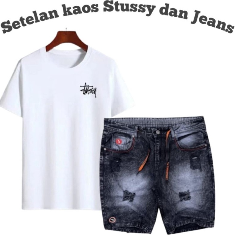 PROMO Terbaru Setelan kaos Stussy Distro dan Celana Sobek Pendek jeans Original Distro celana Fashio