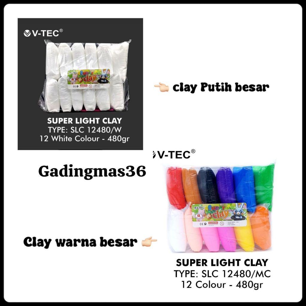 

V-TEC SUPER LIGHT CLAY 12 PCS WHITE COLOR/CLAY PUTIH 1PK ISI 12