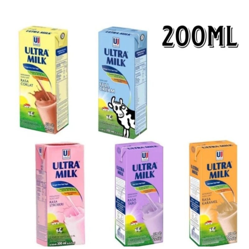 

susu ultra milk 200 ml, coklat / fullcrem / stroberi / karamel / taro