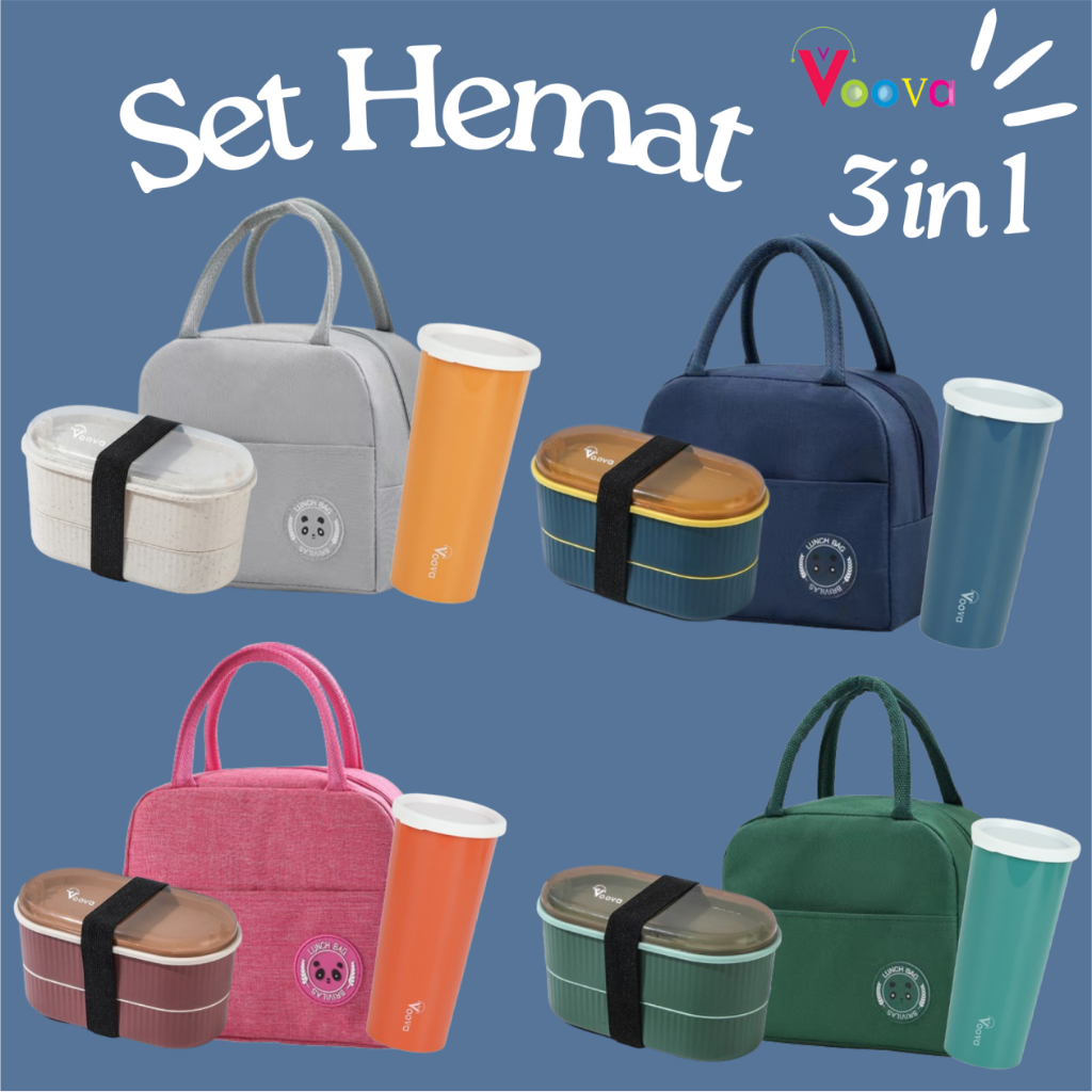 VOOVA Paket Set Hemat 3 In 1/ Bundling Lunch Box/ Bundling Lunch Bag/ Paket Kotak Makan/ Paket Alat 