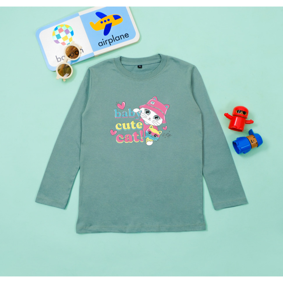 Baju kaos anak perempuan lengan panjang 1-12 tahun terbaru atasan katun import baby cute kucing pink
